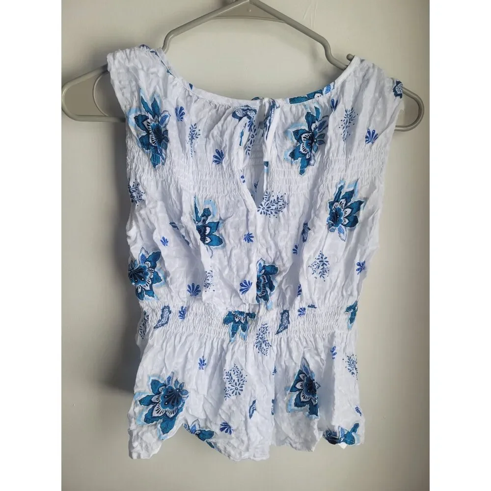 LOFT Extra Small S Sleeveless Top White Blue Paisley Plaid Smocked Peplum Top